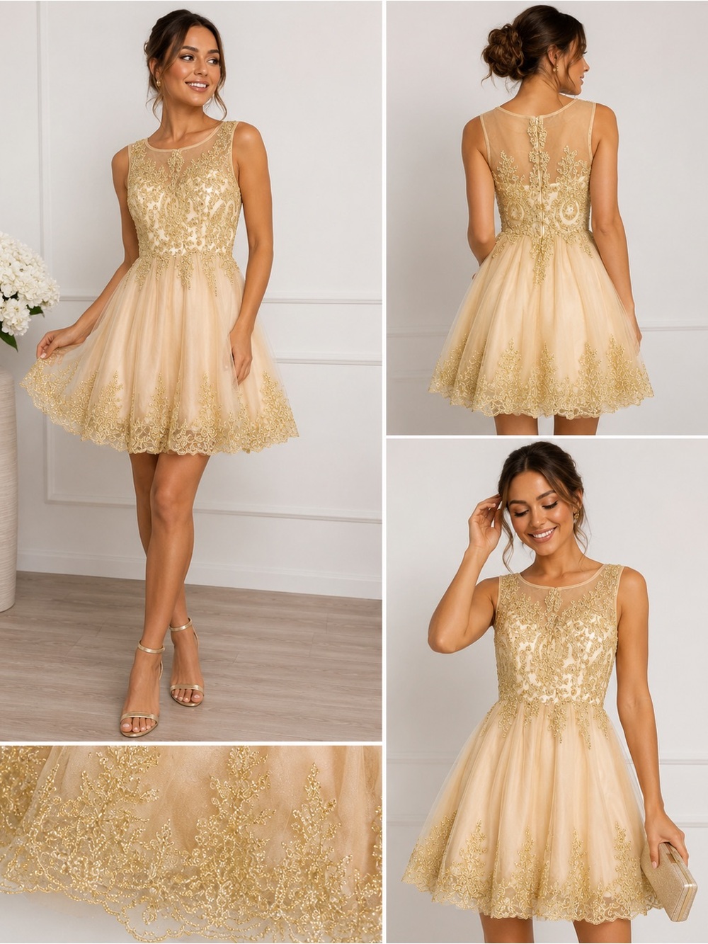 Gold Embroidered A-Line Tulle Dress